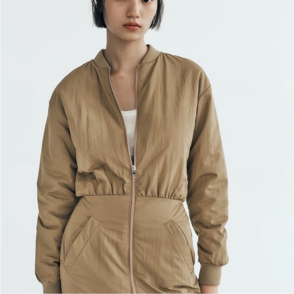 Zara Olive Bomber Dress Jacket Coat Size Small - Picture 2 of 8